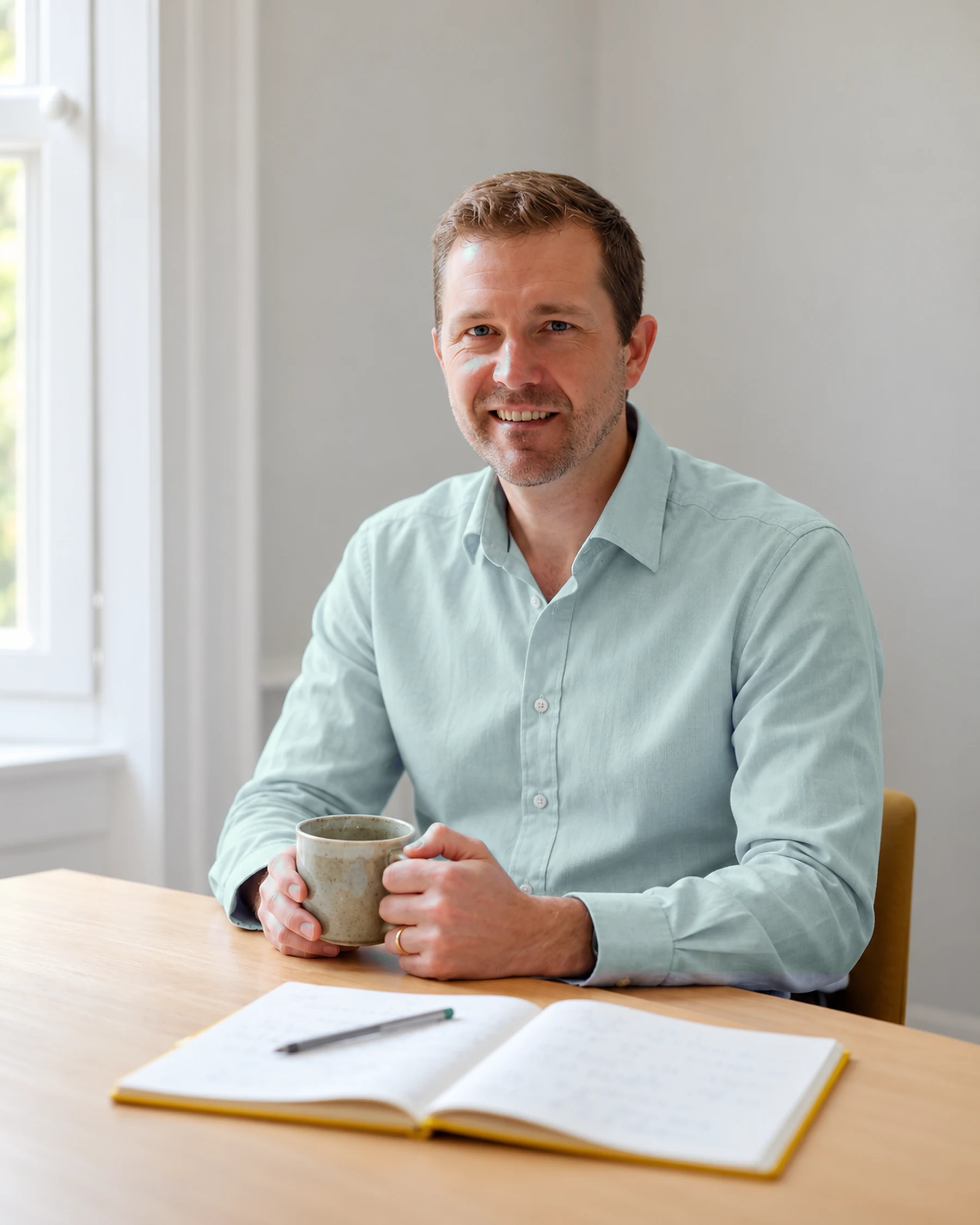 Nat Baldwin seated at a table with a coffee mug and an open notebook, smiling